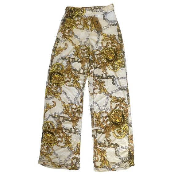 Plunging Neckline Crop Top & Pants Outfit White and Gold Baroque Print Slim-Fit - Picture 3 of 9